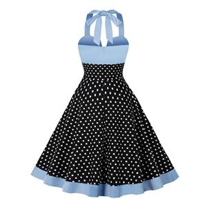 Women's Strappy Halterneck Sleeveless Waisted Splicing Polka Dot High Waist Retro Dress N23430