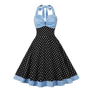 Women's Strappy Halterneck Sleeveless Waisted Splicing Polka Dot High Waist Retro Dress N23430