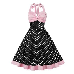 Women's Strappy Halterneck Sleeveless Waisted Splicing Polka Dot High Waist Retro Dress N23432