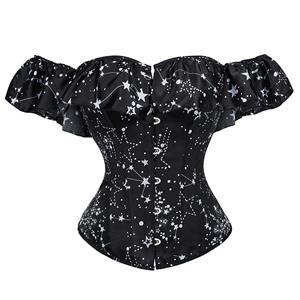 Gothic 12 Steel Boned Ruffles Off-shoulder Star Printed Strapless Body Shaper Overbust Corset N21647