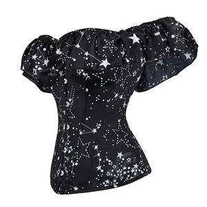 Gothic 12 Steel Boned Ruffles Off-shoulder Star Printed Strapless Body Shaper Overbust Corset N21647