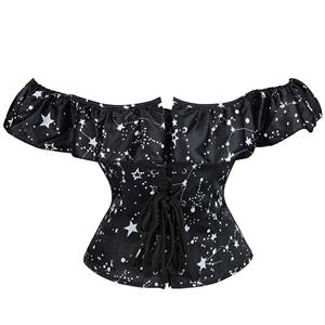 Gothic 12 Steel Boned Ruffles Off-shoulder Star Printed Strapless Body Shaper Overbust Corset N21647