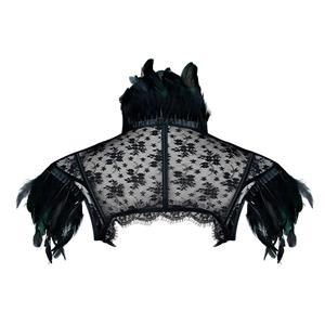 Victorian Gothic Black Feather High Neck Cape Sheer Floral Mesh Corset Shrug N19113