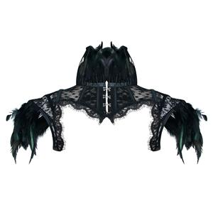 Victorian Gothic Black Feather High Neck Cape Sheer Floral Mesh Corset Shrug N19113