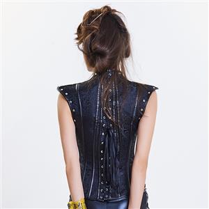 Women's Steampunk Black Plastic Boned Jacquard Overbust Corset with Decorative Cap Sleeve Shrug N14711