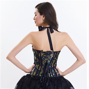 Fashion Victorian Vintage Blue Halter Jacquard Plastic Boned Lace Up Overbust Corset N15819