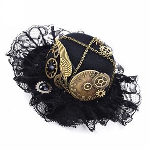 Victorian Gothic Black Lace and Bronze Gear Masquerade Costume Bowler-hat Hair Clip J19525