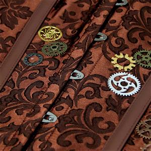 Steampunk Brown Brocade Steel Bone Wheel Gears Bodyshaper Overbust Corset N18851