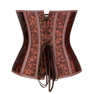 Steampunk Brown Brocade Steel Bone Wheel Gears Bodyshaper Overbust Corset N18851