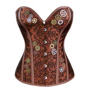 Steampunk Brown Brocade Steel Bone Wheel Gears Bodyshaper Overbust Corset N18851