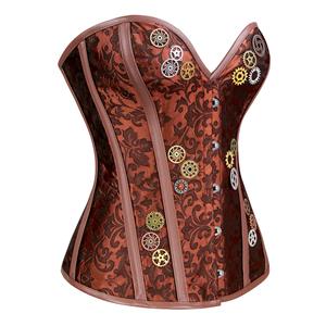 Steampunk Brown Brocade Steel Bone Wheel Gears Bodyshaper Overbust Corset N18851