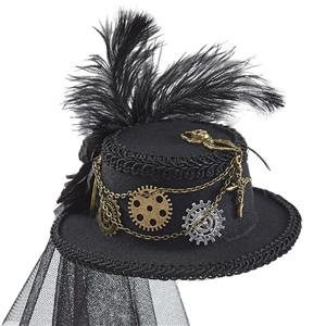 Steampunk Lolita Mesh Black Rose and Gear Halloween Costume Top Hat J22866