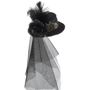 Steampunk Lolita Mesh Black Rose and Gear Halloween Costume Top Hat J22866