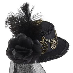 Steampunk Lolita Mesh Black Rose and Gear Halloween Costume Top Hat J22866