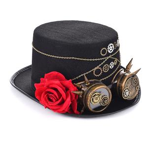 Steampunk Red Rose and Gear Goggles Masquerade Fancy Halloween Costume Top Hat J19842