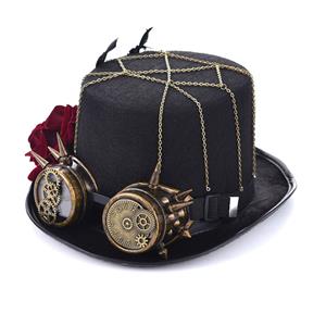 Unisex Steampunk Red Rose and Bronze Goggles Masquerade Fancy Costume Top Hat J19542