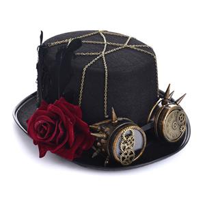 Unisex Steampunk Red Rose and Bronze Goggles Masquerade Fancy Costume Top Hat J19542