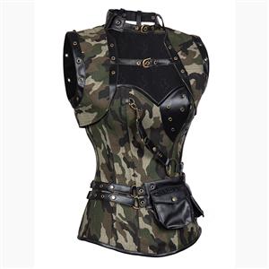 Steampunk Gothic Vintage Faux Leather Camouflage Steel Boned Corset N11947