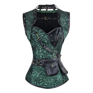 Steampunk Steel Boned Corset for Women,vintage corset bustier tops,Steel Boning Corset blet,Steampunk clothing for halloween,green retro overbust corset,#N11329