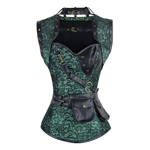 Steampunk Gothic Vintage Green Steel Boned Overbust Corset for Halloween N11329