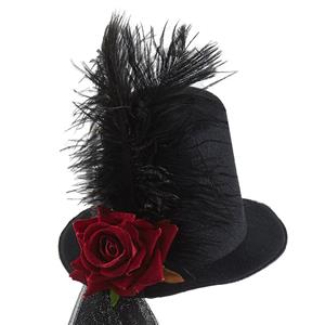 Steampunk Red Rose and Gear Lace Feather Halloween Costume Top Hat J22868