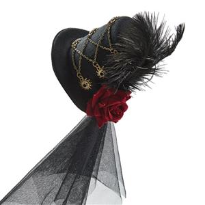 Steampunk Red Rose and Gear Lace Feather Halloween Costume Top Hat J22868