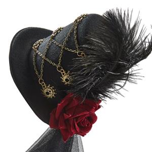 Steampunk Red Rose and Gear Lace Feather Halloween Costume Top Hat J22868