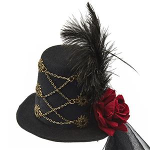 Steampunk Red Rose and Gear Lace Feather Halloween Costume Top Hat J22868