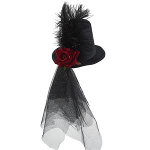 Steampunk Red Rose and Gear Lace Feather Halloween Costume Top Hat J22868