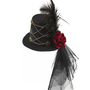 Masquerade Party Costume Hat, Steampunk Halloween Cosplay Costume Hat, Retro Fascinator Fancy Ball Top Hat, Vintage Steampunk Style Red Rose and Lace Feather Costume Hat, Fashion Party Costume Hat Accessory, Fancy Victorian Gothic Fascinator,#J22868