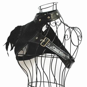 Steampunk Black One-shoulder PU Leather and Feather Brocade Corset Shrug N19598