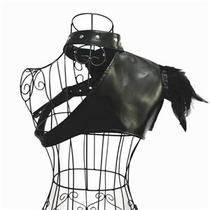 Steampunk Black One-shoulder PU Leather and Feather Brocade Corset Shrug N19598