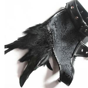 Steampunk Black One-shoulder PU Leather and Feather Brocade Corset Shrug N19598