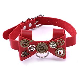 Steampunk Red PU Bow Tie Bowknot Personality Gear Adjustable Necklace Accessories J21213