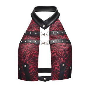 Steampunk Jacquard PU Leather Backless Vest Halter Neck Camis Top Vintage Clothing N20157