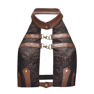 Steampunk Jacquard PU Leather Backless Vest Halter Neck Camis Top Vintage Clothing N20158