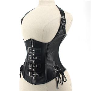 Steampunk Black 10 Plastic Boned Hanging Neck Waist Cincher Underbust Corset N21764