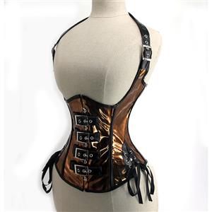 Steampunk PU Leather Plastic Bones Buckles Halter Neck Waist Cincher Underbust Corset N21765