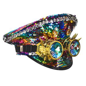 Steampunk Colorful Sequins and Rhinestones Cosplay Cap Rivets Goggles Nightclub Costume Hat J21823