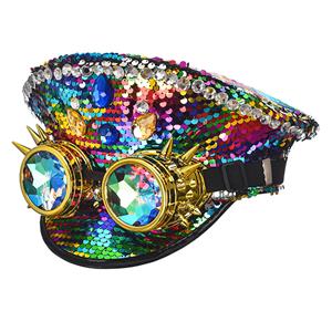 Steampunk Colorful Sequins and Rhinestones Cosplay Cap Rivets Goggles Nightclub Costume Hat J21823