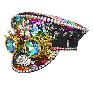 Steampunk Shining Sequins and Pearls Party Cap Rivet Goggles Nightclub Cosplay Costume Hat J21824