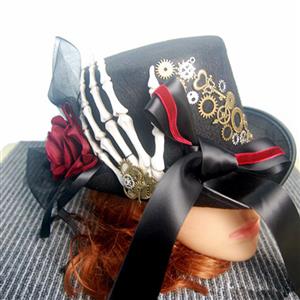 Gothic White Skeleton Red Rose and Gear Masquerade Halloween Costume Bowknot Top Hat J19844