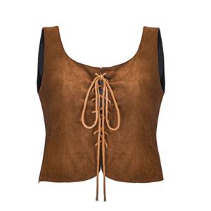 Steampunk Style Brown PU Leather Lace-up Vest Scoop Neck Sleeveless Blouse Tops N20606