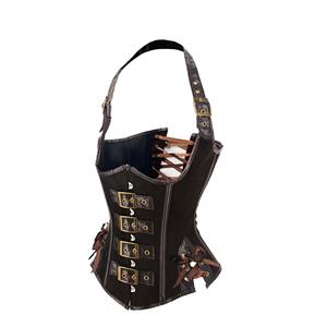 Steampunk Brown 10 Plastic Boned Hanging Neck Waist Cincher Underbust Corset N23351