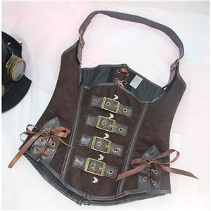 Steampunk Brown 10 Plastic Boned Hanging Neck Waist Cincher Underbust Corset N23351