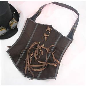 Steampunk Brown 10 Plastic Boned Hanging Neck Waist Cincher Underbust Corset N23351