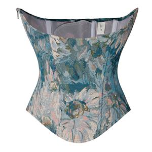 Gothic Retro Blue Chrysanthemum Plastic Boned Underbust Corset N22294