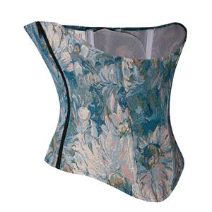 Gothic Retro Blue Chrysanthemum Plastic Boned Underbust Corset N22294