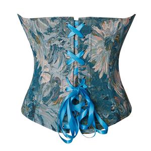 Gothic Retro Blue Chrysanthemum Plastic Boned Underbust Corset N22294