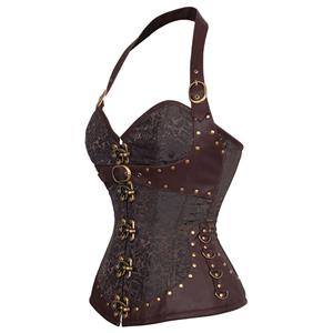 Women's Steampunk Gothic Brown Steel Boned Jacquard Halter Overbust Corset N20892